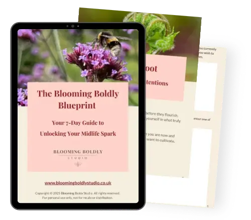 An iPad mock up showing the front cover of the Blooming Boldly Blueprint pdf for midlife women wanting to unlock their midlife spark.